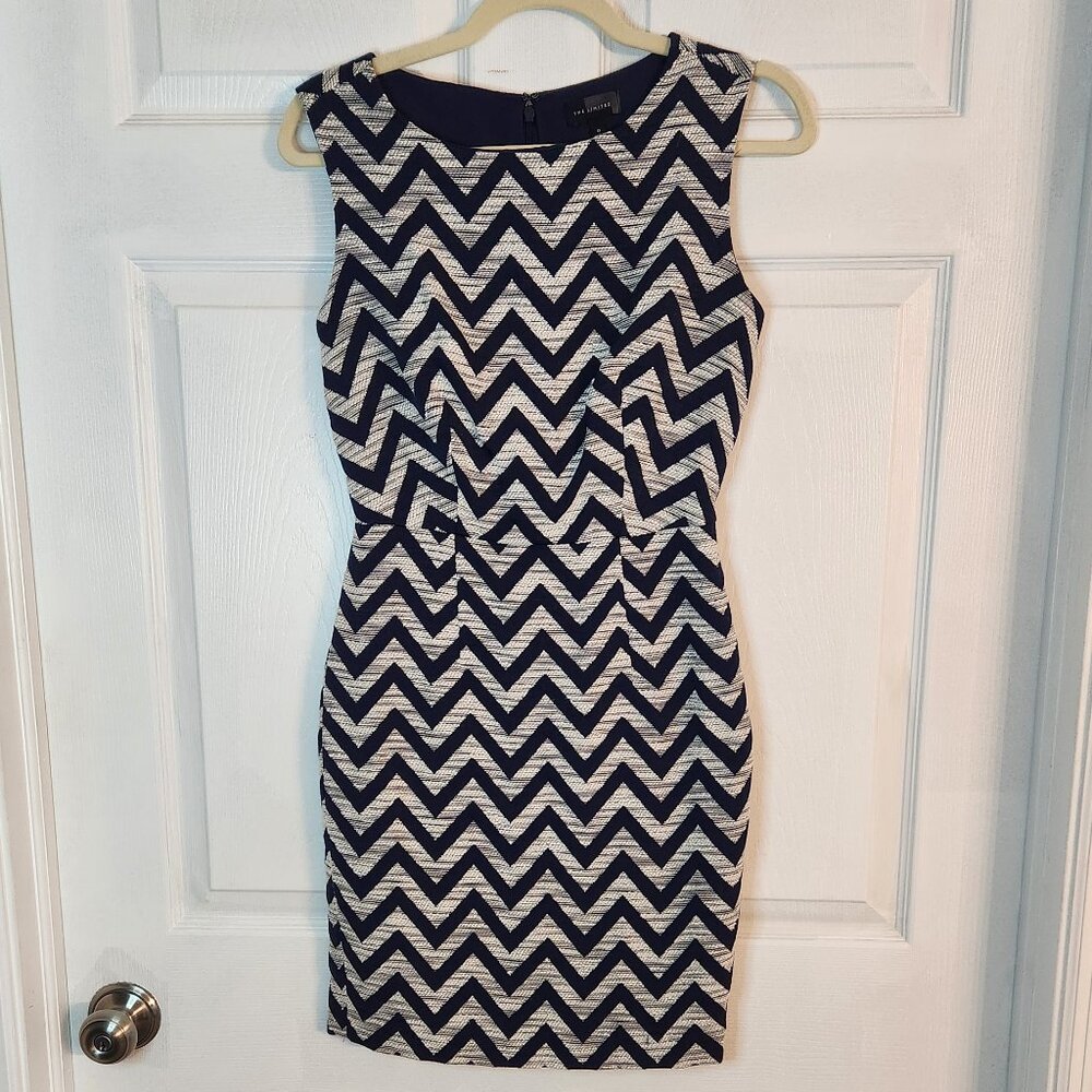Sheath Dress - Navy and Grey Chevron Print